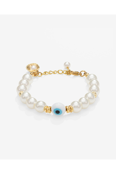 TARZ-I TAKI Natural Stone 10 mm Pearl Evil Eye Bead Detail Women's Bracelet