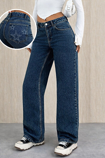 Modanewnice Women's Low-Waist Straight Jeans with Star Embroidery Details