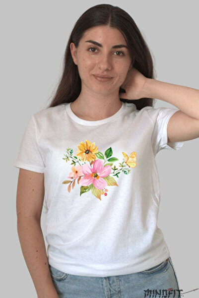 GILDAN Women's Spring Flowers T-Shirt Butterflies And Peach Blossom