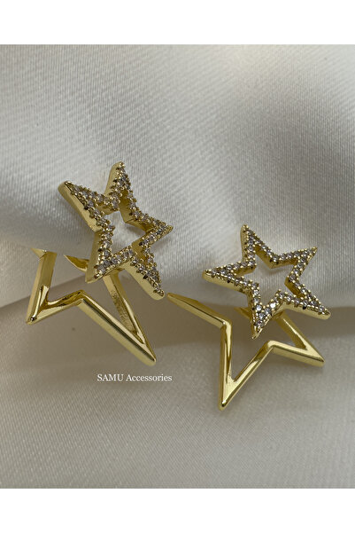 Samu Accessories Taşlı Çift Yıldız Tasarım Çelik Küpe - Golden Celestial Duo ...