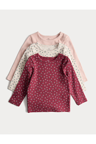 Marks & Spencer 3’lü Pamuk Karışımlı Desenli Ribanalı Uzun Kollu Üst (0-6 Yaş)