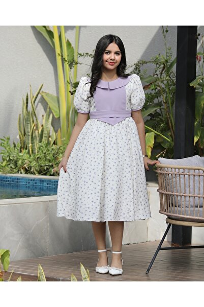 Totikids Girls' purple floral dress | Drop-neck design with belt - 1140