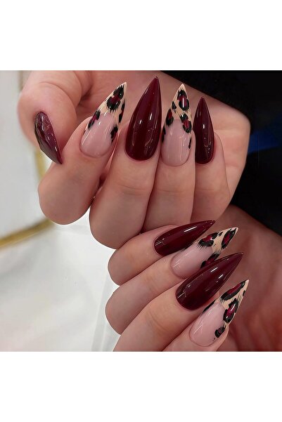 B&B Beauty 24 Adet Bordo Leopar Desenli Uzun Stiletto Takma Tırnak Seti