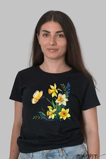 GILDAN Tricou Cu Flori De Primavara Narcise Galbene Si Fluture Dama