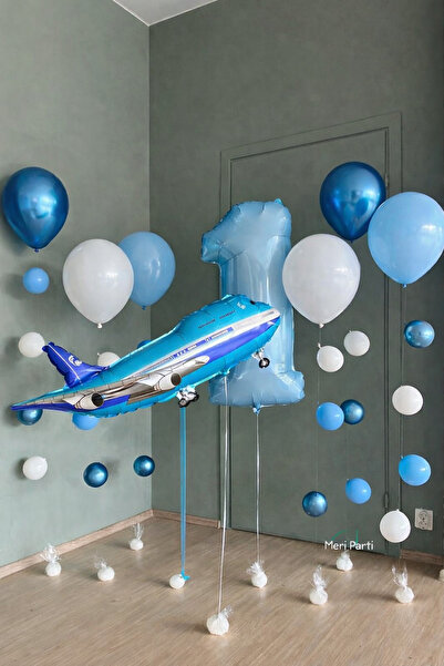 MERİ PARTİ Uçak Temalı 1 Yaş Balon Dekor Seti – Mavi Beyaz Rakam Folyo Konsep...
