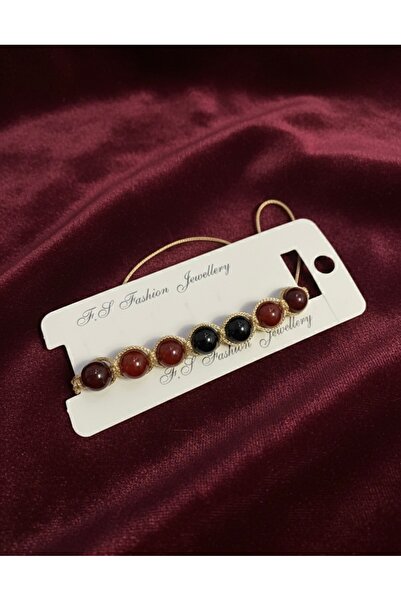 Meneva Aksesuar Burgundy Brown Agate Stone Hand Knitted Macrame Bracelet