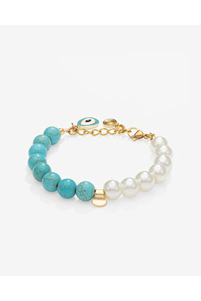 TARZ-I TAKI Natural Stone 10 mm Turquoise Stone & Pearl Women's Bracelet
