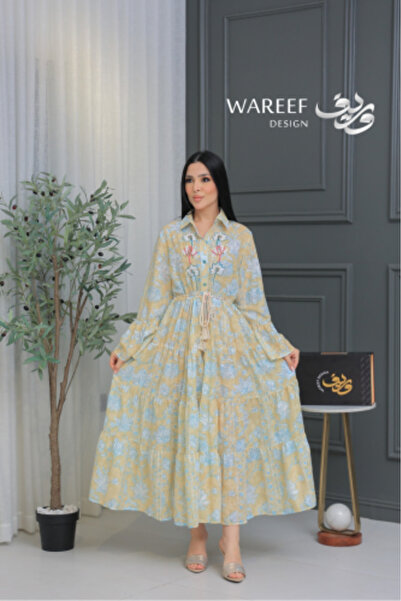 WAREEF FASHION Yellow jalabiya with delicate floral patterns and a wide cut i...