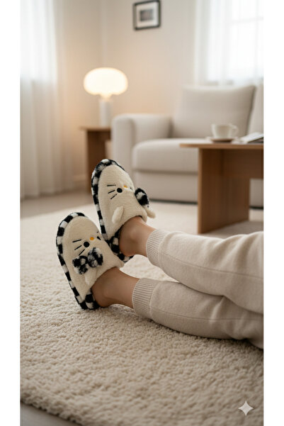 redtan Women's White Black Hello Figured Plush Slippers Home Slippers