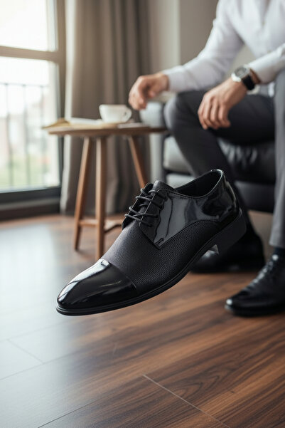 enoch حذاء إينوخ الكلاسيكي للرجال من الجلد الطبيعي الأسود مع جزء علوي من الجل...