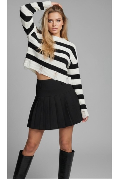 Be Best Women's Black-White Striped Ripped Knit Sweater Be369