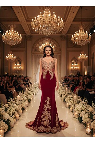 KALDE Velvet evening dress with embroidery on the bodice and hem