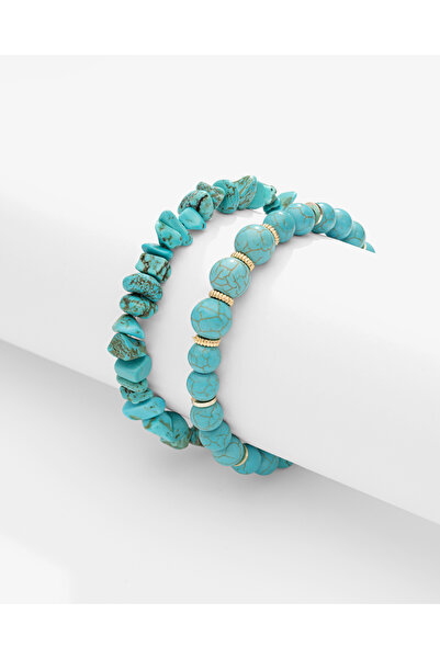 TARZ-I TAKI (2 Bracelets) Natural Stone Cracked Stone & 8 mm Round Turquoise ...
