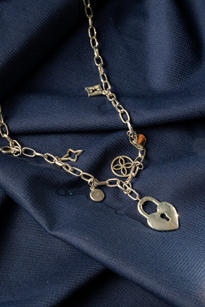 HediyemStil Silver Tone Heart Lock and Geometric Figure Steel Necklace