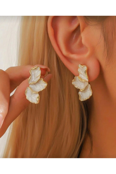 EKİDORA Women's Vintage Leaf Patterned Earrings Gold Ecru Color Stylish Acces...