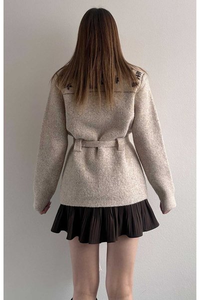 yeditepe fashion Contrast Embroidery Wool Blend Darcy Knitwear Cardigan with Belt