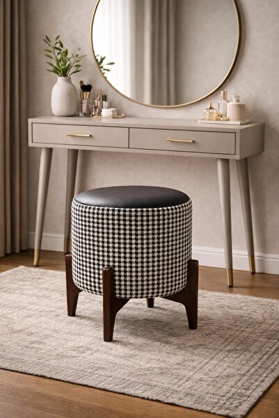 AZM DESİGN Noir Siyah-Beyaz Desenli Puf- Ahşap Ayaklı Puf