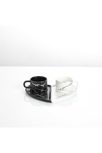 Malooki Set 2 cești espresso din porțelan cu farfurioare în formă de inimă - 90 ml