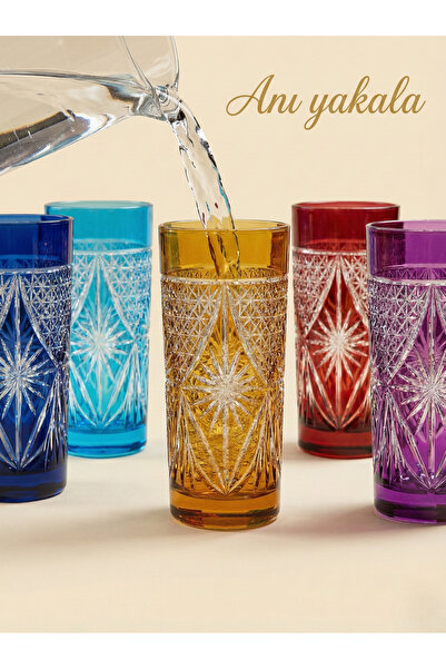 AKDEN STORE Kristal Kesme Dekor Renkli Bardak 6’lı Set | Su & Meşrubat Bardağı