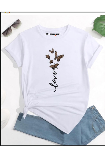 ALCİNOUS تي شيرت أبيض أساسي بأكمام قصيرة وياقة دائرية من القطن المطبوع للجنسين