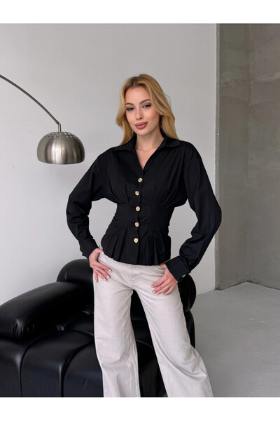 Cool & Sexy Women's Corset Detailed Black Shirt with Gold Buttons