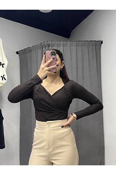 Store Siyah Kruvaze Yaka Uzun Kollu Bluz