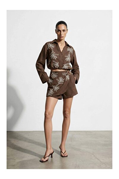 Coral Short Shirt with Embroidery on the Front Gml01656 Brown