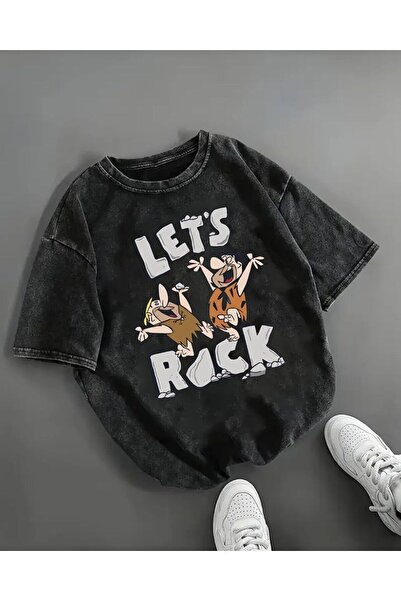 Le Savu تي شيرت فينتاج كبير الحجم للجنسين مطبوع عليه Lets Rock قابل للغسل