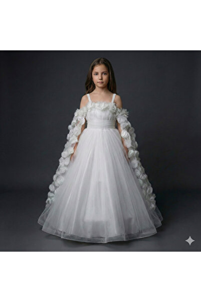 modallita Çiçekli Pelerin Kollu Tarlatanlı Prenses Elbisesi