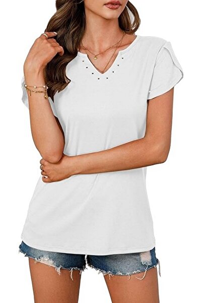 OEM SOADKP casual short-sleeved blouse with V-neck for women, white, size M, ...
