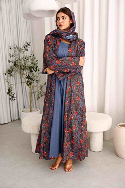 IKKXA Beautiful Orange Flowers Prints Abaya Blue