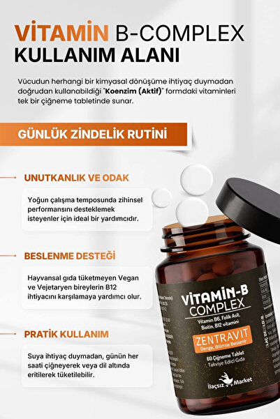 İlaçsız Market B COMPLEX VİTAMİN (Aktif B12 + Metilfolat + P5P + Biotin + B5)...