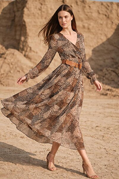 ezber Patterned Double-Breasted Collar Belted Chiffon Dress