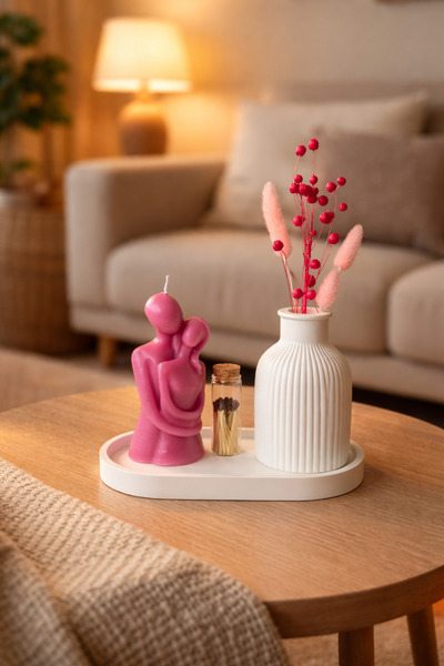 YASMELLA HOME Sonsuz Sarılan Sevgili Çift + Çizgili Dekor Vazo + Oval Düz Sun...