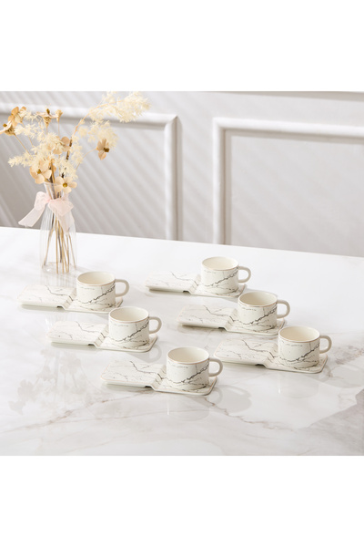 Malooki Set of 6 porcelain espresso cups with rectangular serving saucers, 90...