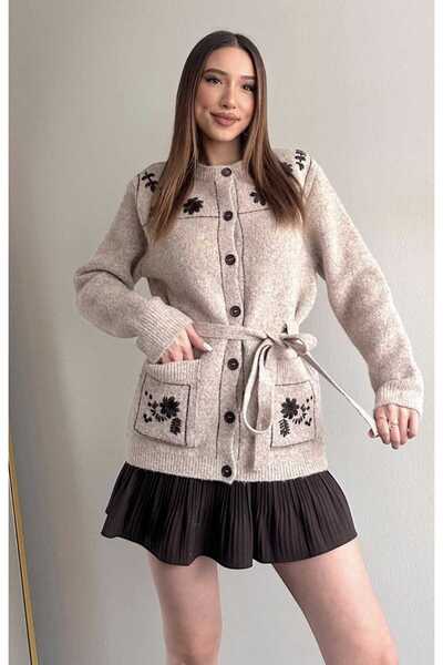 yeditepe fashion Contrast Embroidery Wool Blend Darcy Knitwear Cardigan with Belt