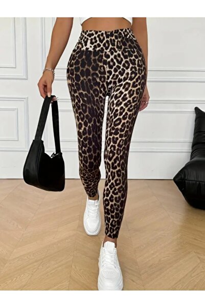 MAROVOAY Colanți lungi din lycra cu talie înaltă și imprimeu leopard