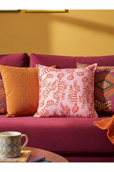 RahanDesign Kaplan Desenli Pembe Kırmızı Çift Taraflı Süet Kırlent Kılıfı - 4...