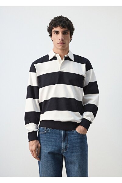 MANGO Man %100 pamuklu çizgili polo sweatshirt