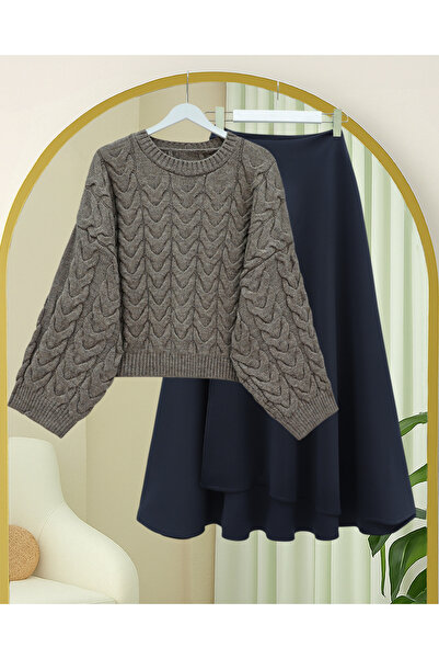 Modamorfo Knitted Patterned Casual Crop Knitwear Sweater - Earth