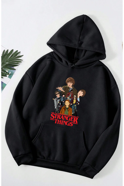 SUNFREE STRANGER THINGS ПЕЧАТАНА ЧЕРНА СВЕТРИЯ С КАПУЦА