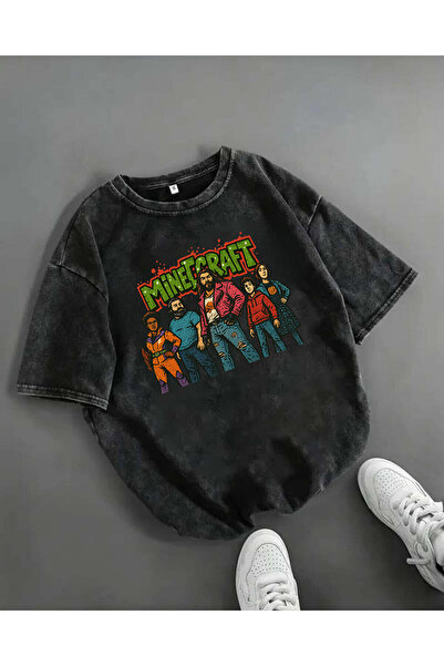 Le Savu Yıkamalı Mınecraft Baskılı Unisex Oversize Vintage T-shirt