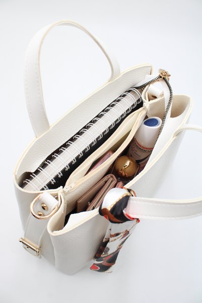 LASSO Women's White Large Size Inner Pocket Double Handle Scarf Detailed Useful Cross Strap Hand and Shoulder Bag