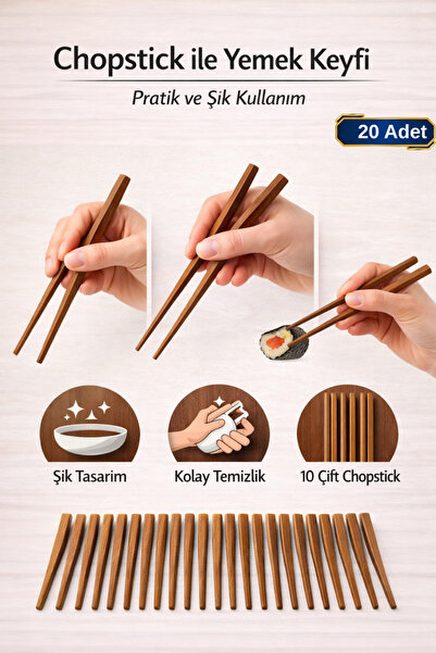 Hane Dostu 10 Çift Çin Usulü Yemek Çubuğu (Chopsticks) Ahşap Yemek Çubuk Seti...