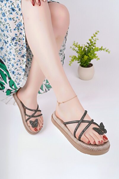 Weynes Дамски сиви пантофки с отделени пръсти и камъни с мотив пеперуда WSB2054