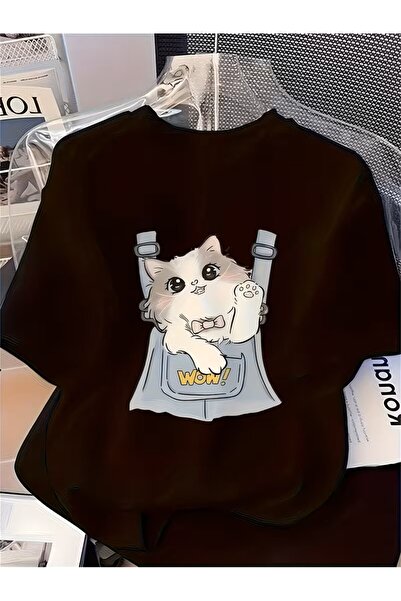 oneagılyazı Cute Cat Pattern Short Sleeve Round Neck T-Shirt for Women That C...