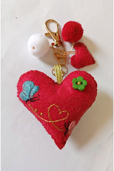 chibi Handmade Butterfly Embroidered Red Heart & Pompom Design Keychain Bag C...