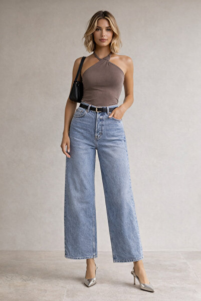 kikiriktekstil Kadın %100 Pamuk Yüksek Bel Palazzo Kalıp Bilek Boy Kot Pantolon