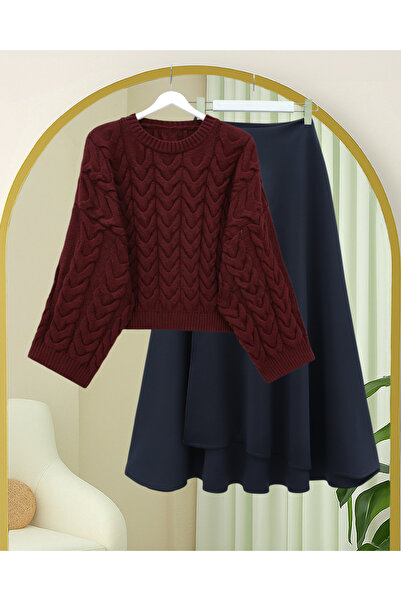 Modamorfo Knitted Patterned Casual Crop Knitwear Sweater - Burgundy