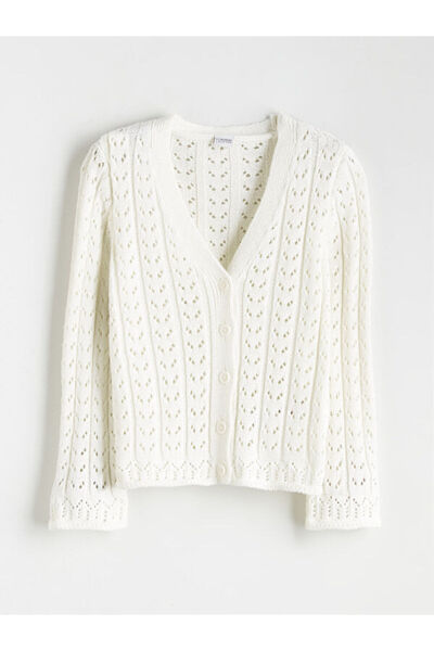LC Waikiki Rmz Gi̇yi̇m Farkiyla V Knitted Openwork Girls' Knitwear Cardigan